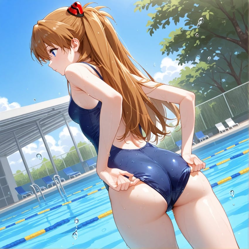 ai_generated asuka_langley_sohryu blue_eyes blue_one-piece_swimsuit neon_genesis_evangelion orange_hair sky swimming_pool