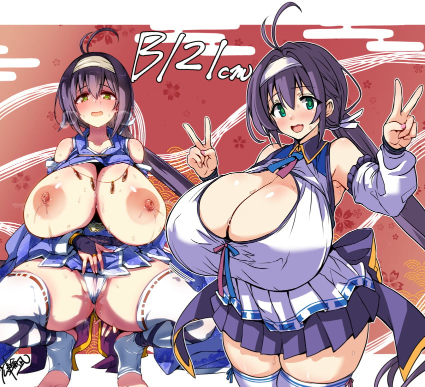 blue_skirt breasts cleavage detached_sleeves frilled_skirt frills green_eyes highres hirowa_nagi huge_breasts japanese_clothes kneehighs large_areolae miko miniskirt off_shoulder open_mouth original panties ponytail purple_hair skirt smile socks spread_legs squatting stirrup_legwear toeless_legwear underwear v white_panties white_socks