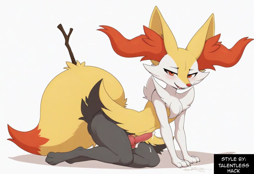 ai_generated anthro balls blush bodily_fluids braixen canid collar cum ear_piercing erection fur generation_6_pokemon genital_fluids genitals girly heart hellsonger hi_res humanoid_genitalia humanoid_penis inner_ear_fluff jewelry looking_at_viewer male mammal nintendo penis piercing pokemon pokemon_(species) precum red_eyes simple_background smile solo thick_thighs tuft white_background white_body white_fur yellow_body yellow_fur