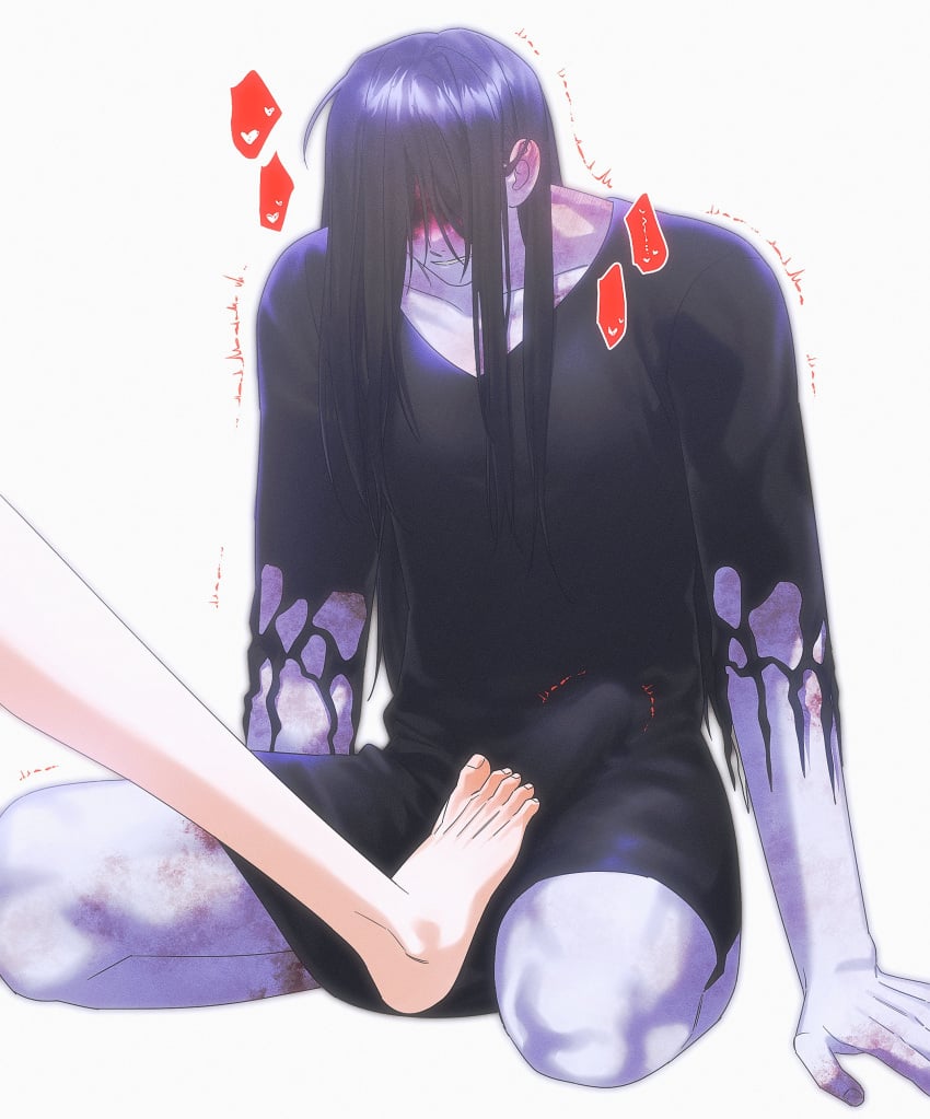 1boy absurdres black_hair black_kimono blood blood_on_face bulge erection erection_under_clothes female heroine_(homicipher) highres homicipher japanese_clothes kimono kneeling long_hair male_focus mr._crawling n_gb00 simple_background straight white_background