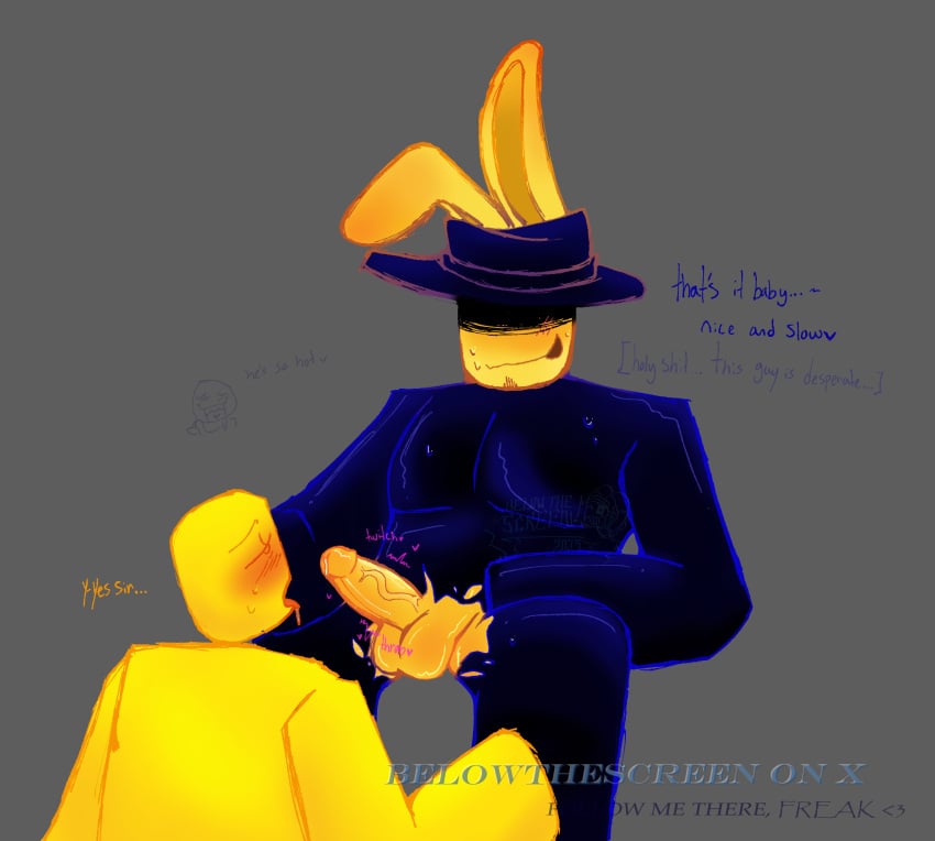 2boys dick_out dream_game drooling forsaken_(roblox) mafioso_(dream_game) open_mouth precum roblox robloxian skin_tight squire_(dream_game) submissive torn_clothes