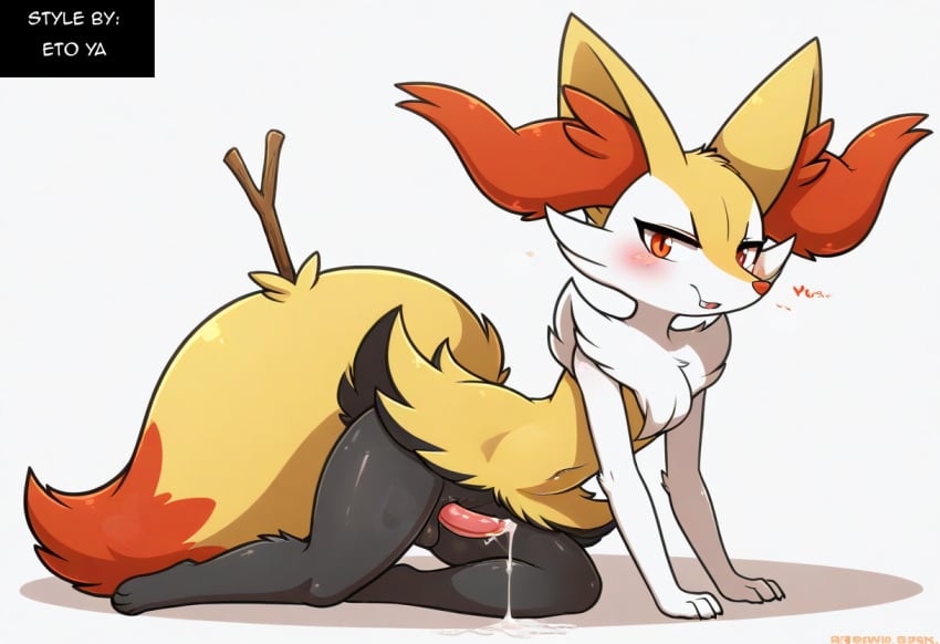 ai_generated anthro balls blush bodily_fluids braixen canid collar cum ear_piercing erection fur generation_6_pokemon genital_fluids genitals girly heart hellsonger hi_res humanoid_genitalia humanoid_penis inner_ear_fluff jewelry looking_at_viewer male mammal nintendo penis piercing pokemon pokemon_(species) precum red_eyes simple_background smile solo thick_thighs tuft white_background white_body white_fur yellow_body yellow_fur