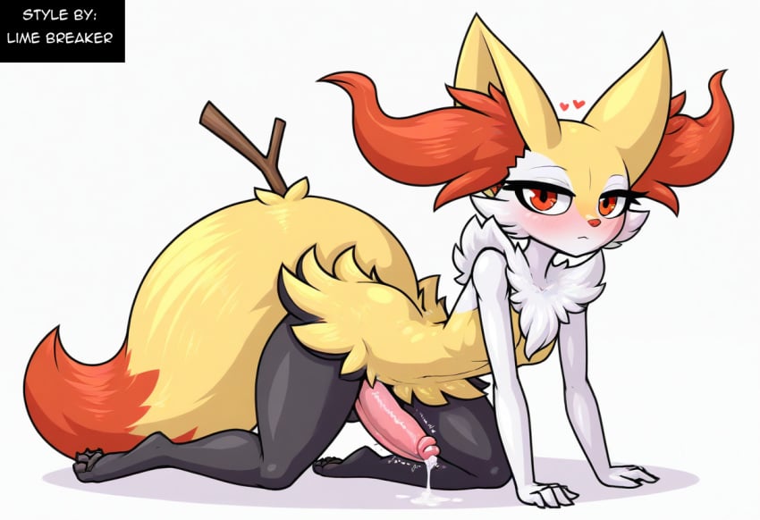 ai_generated anthro balls blush bodily_fluids braixen canid collar cum ear_piercing erection fur generation_6_pokemon genital_fluids genitals girly heart hellsonger hi_res humanoid_genitalia humanoid_penis inner_ear_fluff jewelry looking_at_viewer male mammal nintendo penis piercing pokemon pokemon_(species) precum red_eyes simple_background smile solo thick_thighs tuft white_background white_body white_fur yellow_body yellow_fur