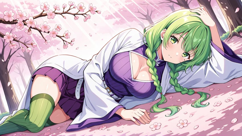 ai_generated breasts demon_slayer green_eyes green_hair hell-pantsu kanroji_mitsuri medium_breasts thighs