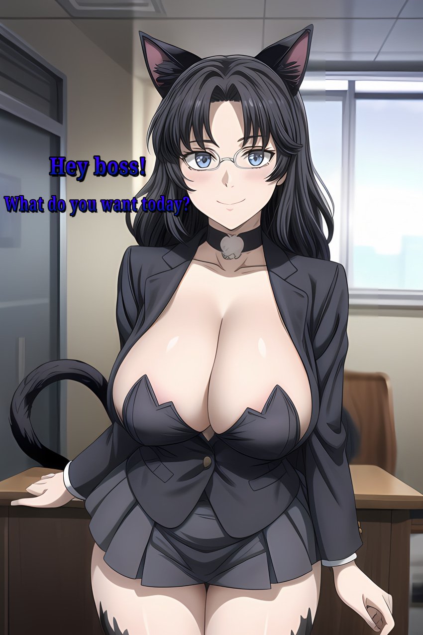 1girls ai_generated big_breasts black_hair breasts cat_ears catgirl enormous_breasts female female_focus female_only glasses hair huge_breasts large_breasts looking_at_viewer mature_female milf nipples smiling smiling_at_viewer thick_thighs thighs