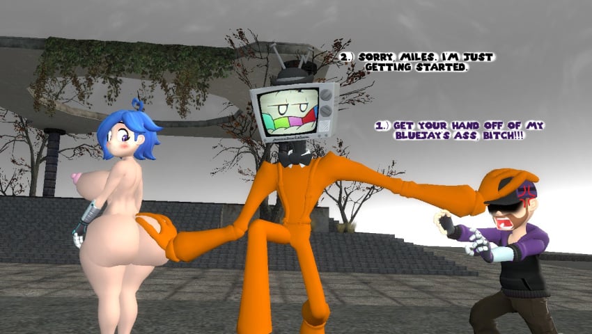 angry_expression big_ass_(female) big_ass_cheeks big_booty big_butt_(female) bubble_butt_(female) bullying butt_cheeks deekystjohn frustrated frustration kaibernation looking_back miles_broflovski_(deekystjohn) mr._puzzles smg4 tari_(smg4) teasing touching_ass