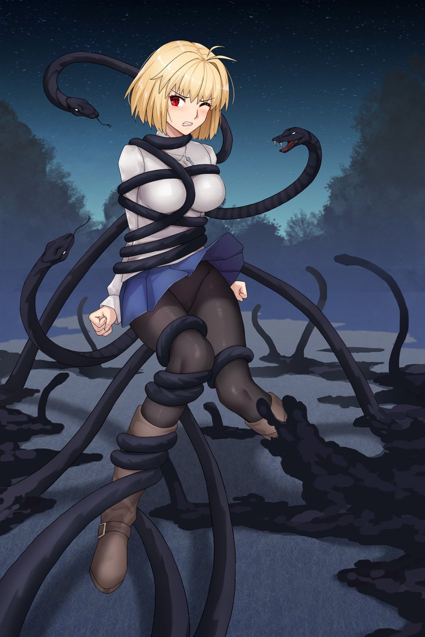 1girls angry animal animals annoyed arcueid_brunestud background beasts big_breasts black_snake blonde_hair blush bondage boots breasts canonical_scene female_focus huge_breasts jewelry melty_blood monster nrvnqsr_chaos one_eye_closed pantyhose red_eyes short_hair skirt skirt_lift snake snakes solo struggling thick_thighs thighs tied_up trapped tsukihime type-moon wide_hips