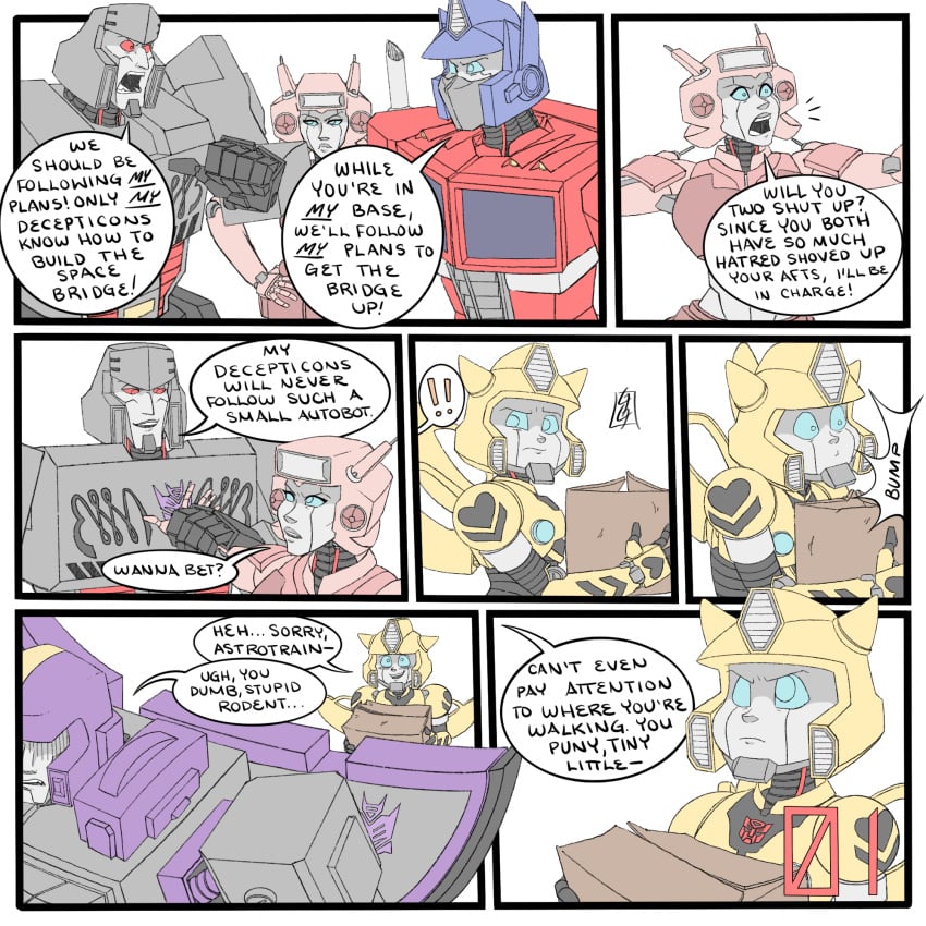 alien alien_humanoid antagonizing arguing argument astrotrain autobots bumblebee_(transformers) comic comic_page decepticon elita_one instigating mean mean_look megatron multiple_boys multiple_males name_calling nuefass optimus_prime orgy robot robot_alien robot_humanoid simple_background simple_coloring transformers transformers_g1