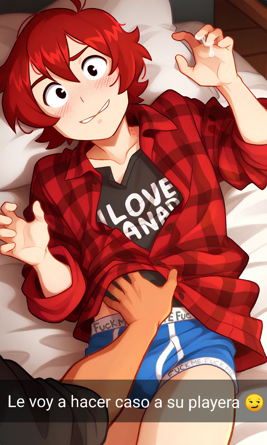 2boys ai_generated black_eyes black_shirt canada canada_(countryhumans) canada_(kat.lee) countryhumans flannel_shirt gay_anal humanized humanoid i_love_anal kat.lee lying_on_back lying_on_bed male mexico mexico_(countryhumans) mexico_(kat.lee) red_hair safe_for_work sfw snapchat underpants underwear