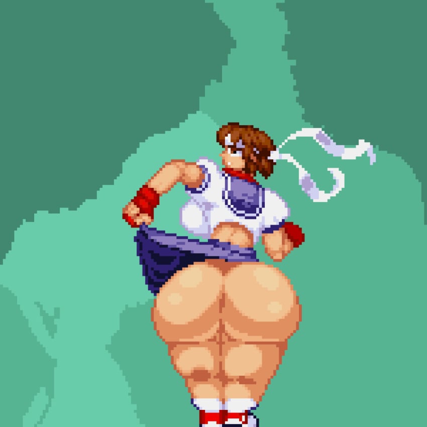 1girls ass ass_focus big_ass big_breasts bottomless bottomless_skirt breasts brown_eyes brown_hair capcom female female_only from_behind gloves headband huge_ass jakodrd lifting_shirt looking_back pixel_art sakura_kasugano school_uniform schoolgirl short_hair skirt skirt_lift solo street_fighter thick thick_ass thick_thighs tomboy