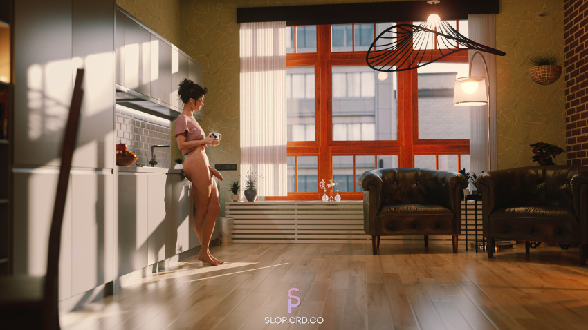 1futa 3d black_hair black_hair_futa brunette_futa futanari kitchen light-skinned_futanari slop_art solo solo_futa tagme