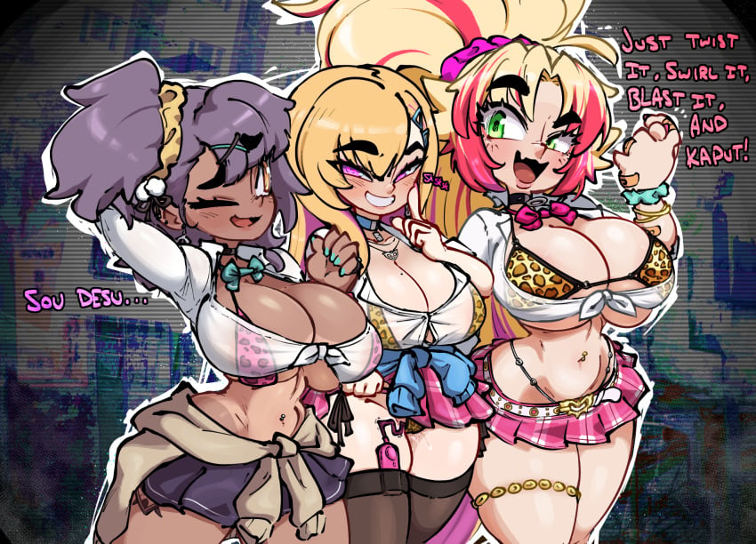 3girls animal_print bandaid barbariana_(last_origin) bikini black_thighhighs blonde_hair boryeon_(last_origin) breasts choker chromatic_aberration colored_inner_hair dark-skinned_female dark_skin english_text gold_thighlet green_eyes gyaru hair_ornament hairpin heart heart-shaped_pupils highres jacket jellot jewelry large_breasts last_origin leopard_print long_hair long_sleeves micro_bikini microskirt mole mole_on_breast multicolored_hair multiple_girls nail_polish navel_piercing necklace oerba_yun_fang official_alternate_costume one_eye_closed one_side_up piercing pleated_skirt ponytail purple_eyes purple_hair quick_camel red_hair scrunchie sex_toy shirt skin_fang skirt swimsuit symbol-shaped_pupils tan tanlines tattoo text thighhighs tied_jacket tied_shirt two-tone_hair very_long_hair vibrator vibrator_cord vibrator_in_thighhighs vibrator_under_clothes wrist_scrunchie yellow_eyes