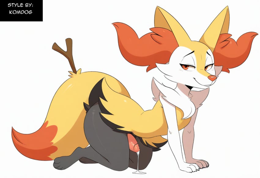 ai_generated anthro balls blush bodily_fluids braixen canid collar cum ear_piercing erection fur generation_6_pokemon genital_fluids genitals girly heart hellsonger hi_res humanoid_genitalia humanoid_penis inner_ear_fluff jewelry looking_at_viewer male mammal nintendo penis piercing pokemon pokemon_(species) precum red_eyes simple_background smile solo thick_thighs tuft white_background white_body white_fur yellow_body yellow_fur