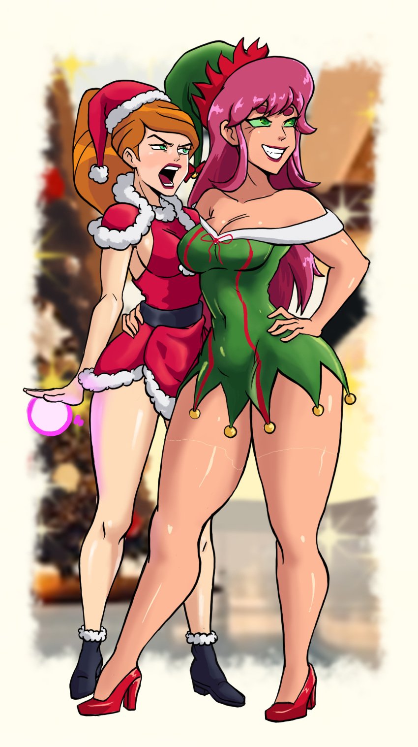 2girls alien alien_girl alien_humanoid ben_10 ben_tennyson benfire blush blush christmas christmas_outfit christmas_tree dc dc_comics elf_dress embarrassed embarrassed_expression female female_focus female_only gearfou gearthefae gender_transformation genderbent genderswap_(mtf) green_eyes gwen_tennyson gwen_tennyson_(alien_force) high_heels koriand'r male_to_female omnitrix pink_hair red_hair red_heels rule63 rule_63 rule_63 santa_costume santa_dress santa_hat smiling starfire tamaranean tan_body tan_skin two_girls