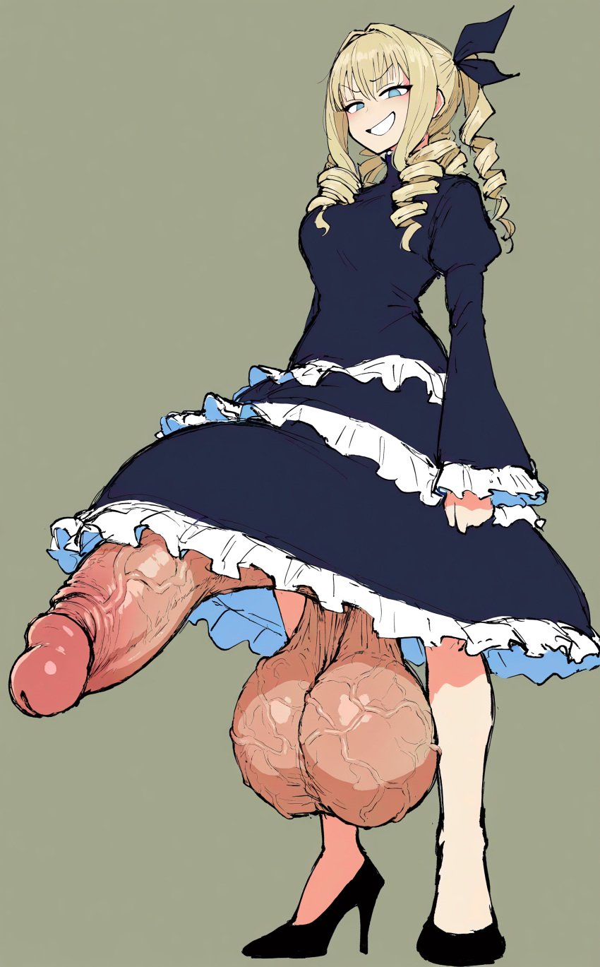 1futa ai_generated big_balls big_breasts big_penis blonde_hair blue_eyes clenched_hand clenched_teeth dress drill_hair evil_smile frilled_dress frilled_skirt frilled_sleeves futa_only futaalover futanari gigantic_penis gigantic_testicles hair_ribbon high_heels huge_balls huge_cock large_breasts large_testicles penis penis_under_skirt sagging_balls sagging_testicles smile standing veiny_penis veiny_testicles