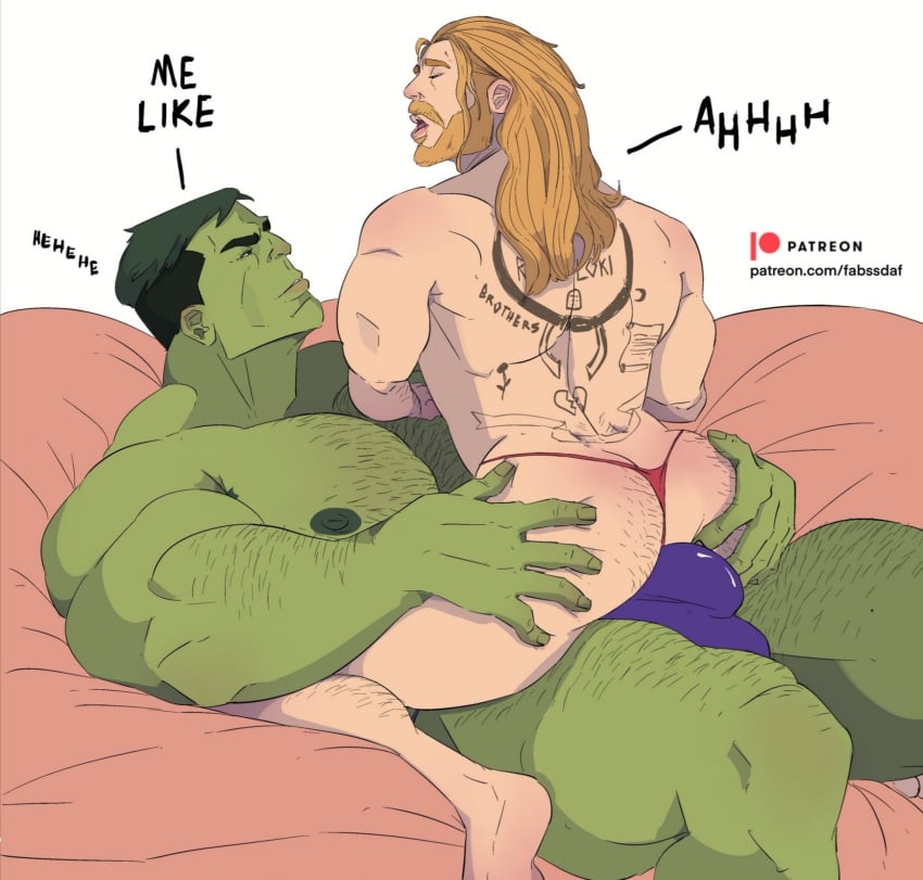 2boys ass ass_grab bruce_banner duo fabssdaf gay green_skin hulk_(series) long_hair long_hair_male male male/male male_only marvel marvel_cinematic_universe marvel_comics nipples onomatopoeia patreon patreon_username short_hair sitting_on_lap text thong thor_(marvel) thor_(series) underwear url