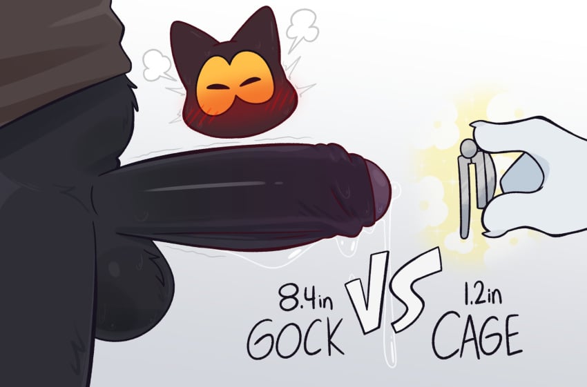 angry anthro balls belly black_body black_eyes black_fur blush bodily_fluids bottomless chastity_cage chastity_device clothed clothing crushpepper domestic_cat duo ears_up epic_rap_battles_of_history erection faceless_anthro faceless_character felid feline felis female foreskin fur genderswap_(ftm) genital_fluids genitals google google_doodle hi_res magic_cat_academy mammal momo_(google) motion_outline penis precum shaking shirt shivering simple_background sweat text topwear yellow_sclera