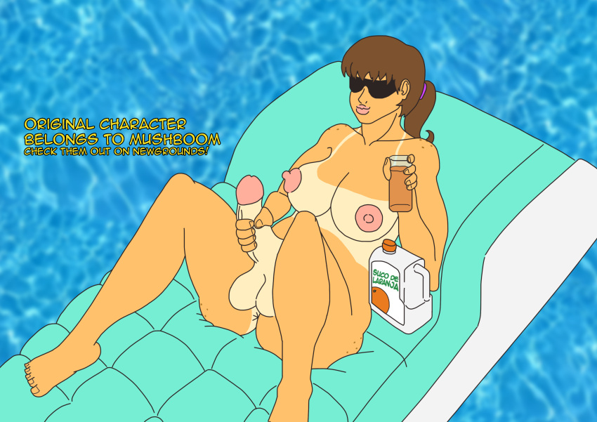 brown_hair futa_only futanari jacking_off masturbation orange_juice pool sunglasses tanline tanlines