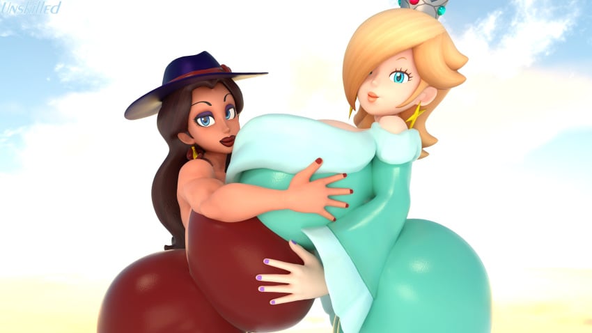 2females 2girls 3d 3d_(artwork) alternate_version_available ass ass_bigger_than_head bare_shoulders big_ass big_breasts big_butt blue_eyes breasts breasts_bigger_than_head brown_hair busty butt butt_bigger_than_head clothing crossover curvy cyan_dress dress duo earrings eyeshadow female female_focus female_only giant_breasts gigantic_breasts hair_over_one_eye half-closed_eyes hat hug huge_ass huge_breasts huge_butt hugging large_ass large_breasts large_butt light-skinned_female light_skin lips lipstick long_hair long_sleeves mario_(series) massive_breasts mature mature_female nail_polish nintendo pauline platinum_blonde_hair princess_rosalina purple_eyeshadow purple_nail_polish purple_nails red_dress red_lipstick red_nail_polish red_nails sky smile star_earrings thick thick_ass thick_butt thick_hips unski113d wide_hips