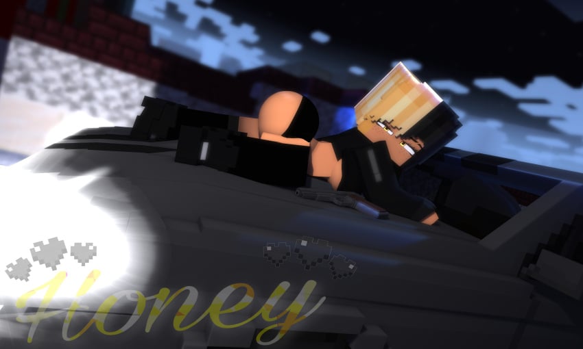 black_clothes black_hair blonde_hair car chain_collar female honey_(theactualhoney) lights lights_on long_shoes minecraft night orange_eyes over_the_car seductive_look seductive_pose short_pants showing_ass theactualhoney