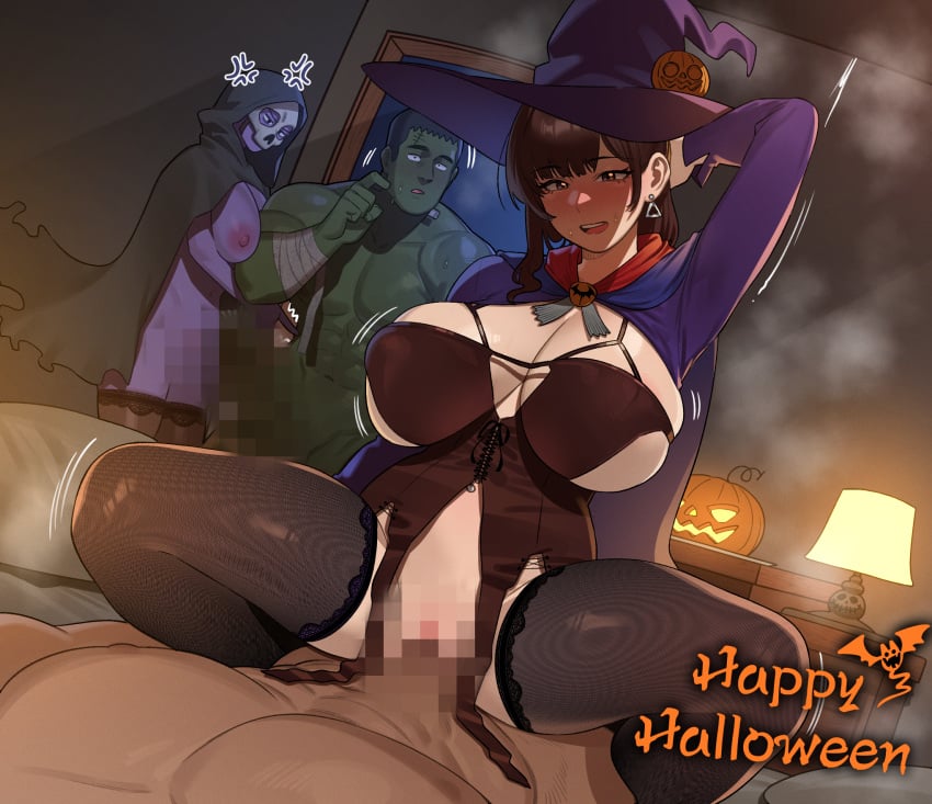 2boys 2girls 6no1 arm_up arms_behind_back big_breasts blunt_bangs blush breasts brown_hair cape censored cleavage cowgirl_position earrings halloween hat highres hood jewelry lampshade large_breasts long_hair looking_at_viewer multiple_boys multiple_girls nipples original pussy sex straddling thighhighs witch witch_hat