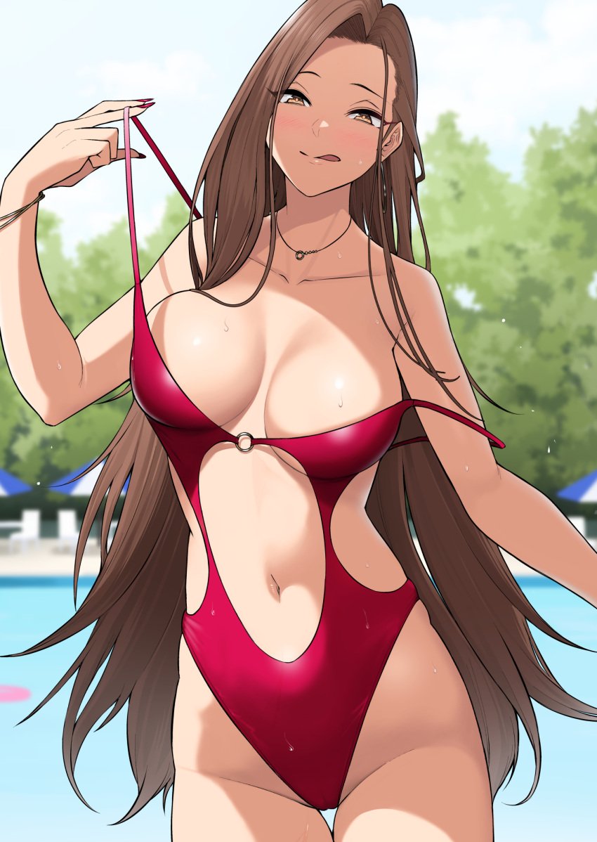 1girls adult adult_female bare_armpits bare_arms bare_belly bare_chest bare_hands bare_hips bare_legs bare_navel bare_shoulders bare_skin bare_thighs belly belly_button bikini bikini_pull blurred_background blurry_background blush blush_face blush_lines blushed_face blushing_at_viewer blushing_face blushing_female bracelet breasts brown_eyebrows brown_eyes brown_eyes_female brown_hair brown_hair_female busty busty_female busty_girl cleavage cleft_of_venus closed_mouth_smile collarbone day daylight daytime dot_nose dripping_wet earrings elbows exposed exposed_armpits exposed_arms exposed_belly exposed_legs exposed_shoulders exposed_thighs fair_skin female female_focus female_only fingernails fingers grin groin half-closed_eyes hamazaki_risa head_tilt high_resolution highres horny horny_expression horny_eyes horny_face horny_female horny_smile hourglass_figure imaizumin-chi_wa_douyara_gal_no_tamariba_ni_natteru_rashii large_breasts lean_body lean_figure legs light-skined_female light-skinned light-skinned_female light_skin light_skin_female light_skinned light_skinned_female lips long_hair looking_at_viewer mature mature_female nail_polish nails narrow_waist navel necklace nori_gorou one-piece_swimsuit one-piece_swimsuit_pull outdoor outdoors outside parted_bangs partially_visible_vulva pool poolside pussy red_bikini red_fingernails red_nail_polish red_nails red_one-piece_swimsuit red_swimsuit red_swimwear shoulders sky slender_body slender_waist slim_girl slim_waist smile smiley_face smiling smiling_at_viewer smirk smooth_skin soaked solo standing swimsuit swimsuit_pull swimwear swimwear_pull thick_thighs thigh_gap thighs thin_waist tilted_head tongue tongue_out upper_body v-line wet wet_belly wet_bikini wet_body wet_breasts wet_face wet_hair wet_legs wet_skin wet_thighs wide_hips