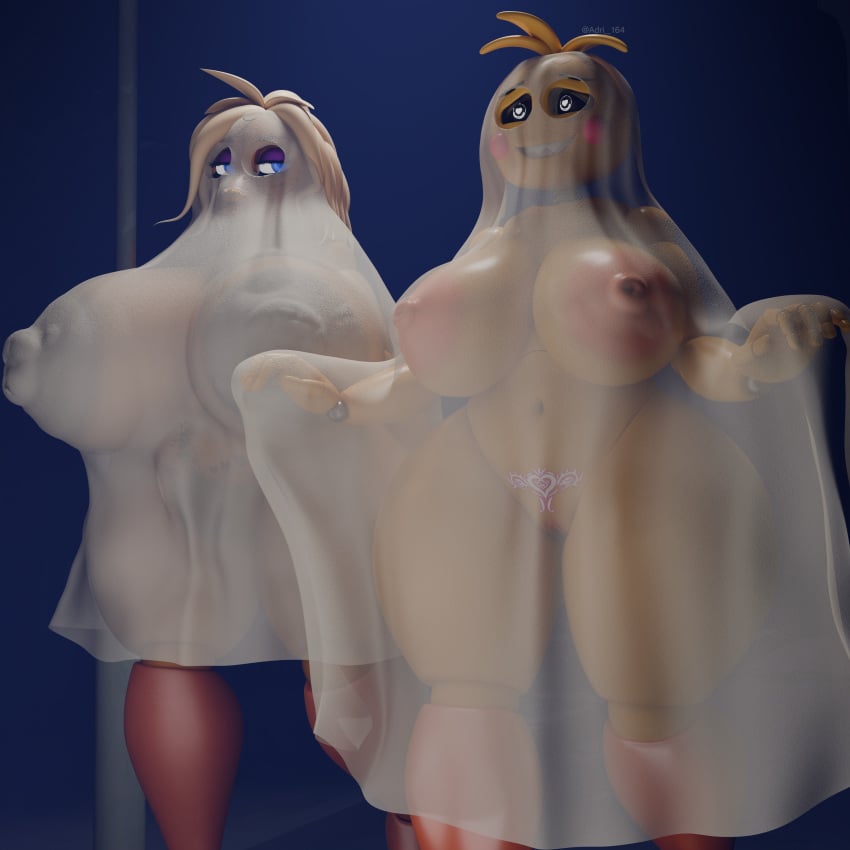 3d 3d_(artwork) absurd_res adri164 animatronic avian bedsheet_ghost big_breasts bird breasts chicken clothing embarrassed female five_nights_at_freddy's five_nights_at_freddy's_2 galliform gallus_(genus) genitals ghost_costume gilf_toy_chica hi_res looking_at_another lovetaste_chica machine mature_female navel nipple_outline nipples nude open_mouth open_smile phasianid pubic_tattoo public public_nudity robot smile solo toy_chica_(fnaf) toy_chica_(love_taste) translucent translucent_clothing translucent_sheet wide_hips womb_tattoo