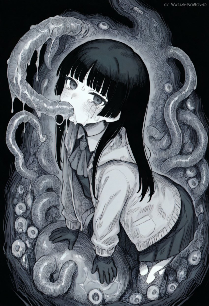 ai_generated artist_name bangs biting blunt_bangs dark_background fellatio female gloves greyscale hatching_(texture) hood horror_(theme) intestines jacket leaning_forward melting monochrome monster oral original patreon_username saliva skirt slime_(substance) tears tentacle twitter_username watashinogovno