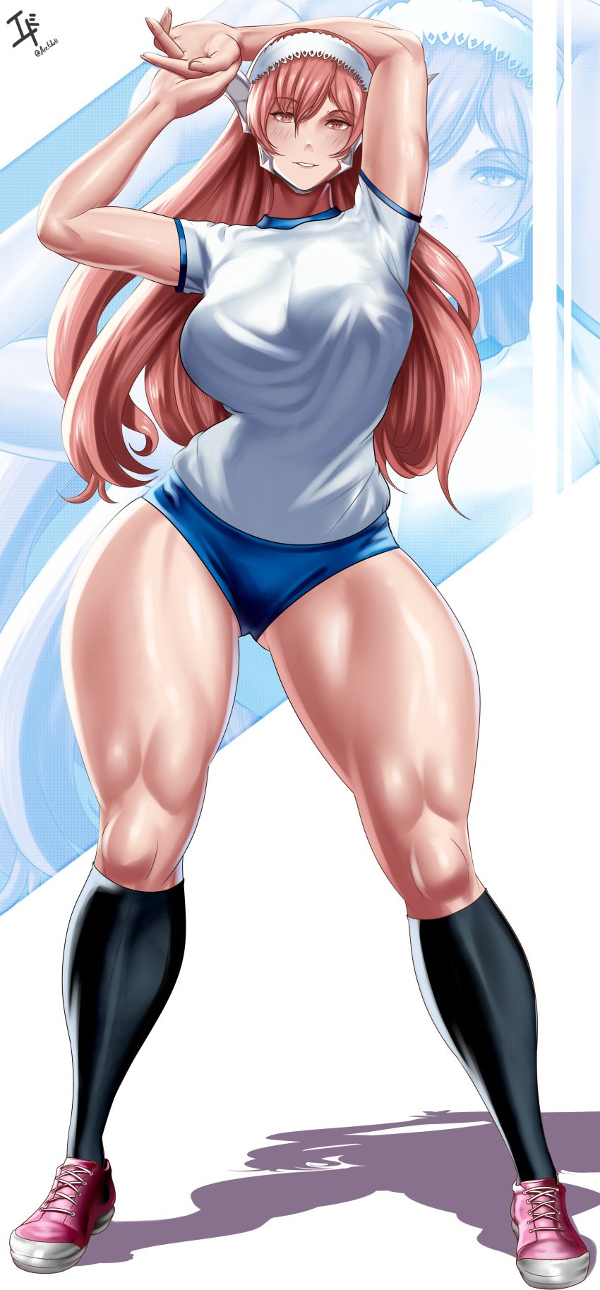 arcedo arms_behind_head artist_signature athletic_female black_socks bloomers blue_bloomers blue_pants cherche_(fire_emblem) fire_emblem fire_emblem_awakening gym_uniform hair huge_breasts long_hair long_socks looking_at_viewer muscular muscular_female muscular_thighs red_eyes red_hair skimpy skimpy_clothes smirk smug sneakers solo sportswear stretching thick_thighs white_shirt