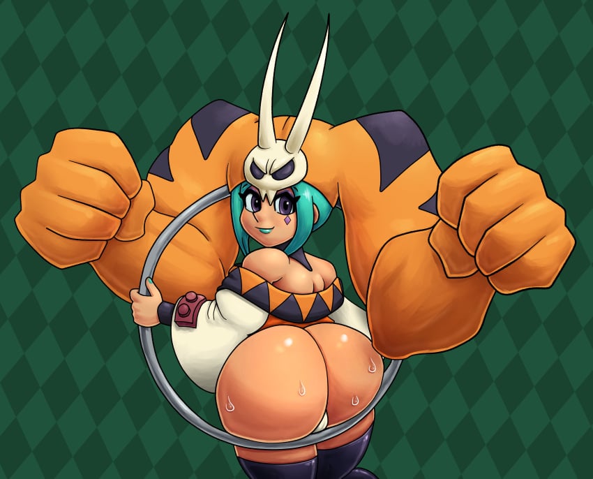 alternate_version_available ass camhamsunite cerebella dark_skin dat_ass female female female_only gray_eyes ring skullgirls soubriquetrouge sweat sweaty tagme teal_hair