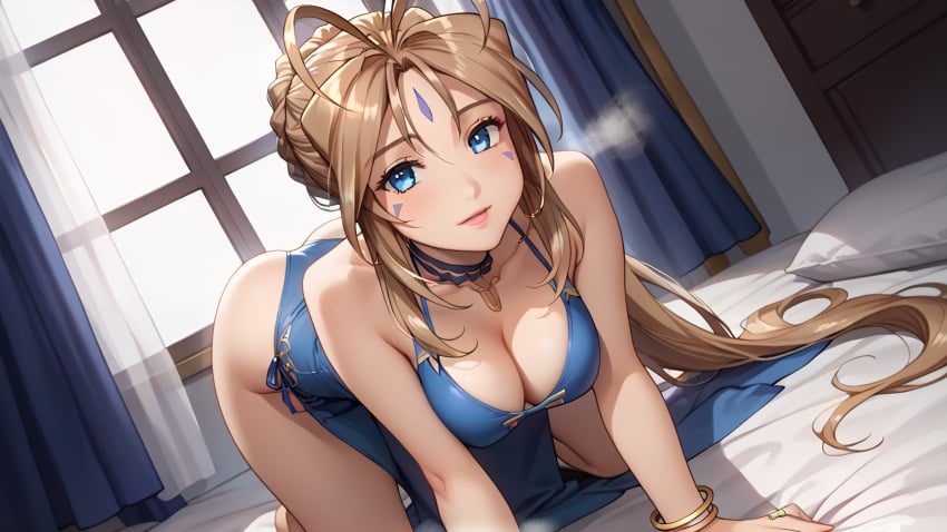 1girls ai_generated angel belldandy bent_over big_ass blue_dress blue_eyes blush bracelets braided_hair breasts brown_hair choker cleavage facial_markings female female_only hanging_breasts large_breasts long_hair looking_at_viewer oh_my_goddess! on_bed on_hands_and_knees tight_clothing tight_dress