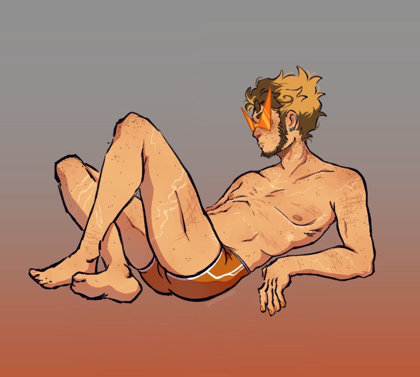 1boy 1boys beard blonde_hair blonde_hair_male clothed clothed_male color colored dirk_strider gym_shorts homestuck lip_piercing male male_focus male_only masculine pierced_lip piercing piercings sfw short_hair short_hair_male shorts solo solo_male spiky_hair suggestive topless viktor