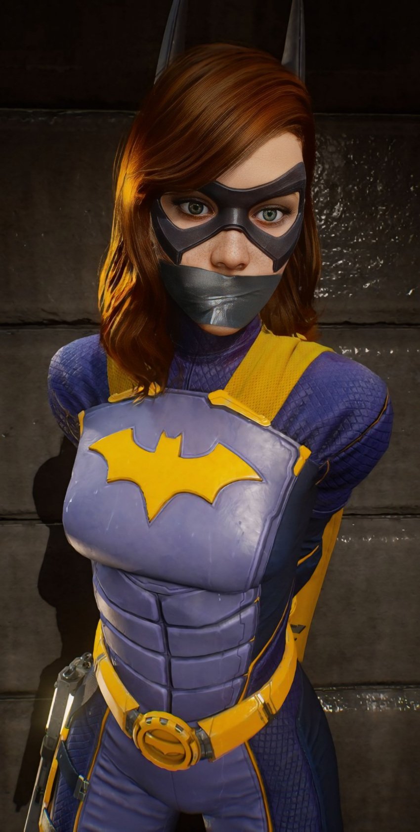 ai_assisted ai_generated barbara_gordon barbara_gordon_(gotham_knights) batgirl batgirl_(gotham_knights) bondage cowl dc defeated_heroine defeated_superheroine duct_tape female female_only freckles gotham_knights green_eyes hands_behind_back hands_tied hands_tied_behind_back mask masked masked_female picsart red_hair superheroine tape tape_gag tape_gagged taped_mouth thick_thighs