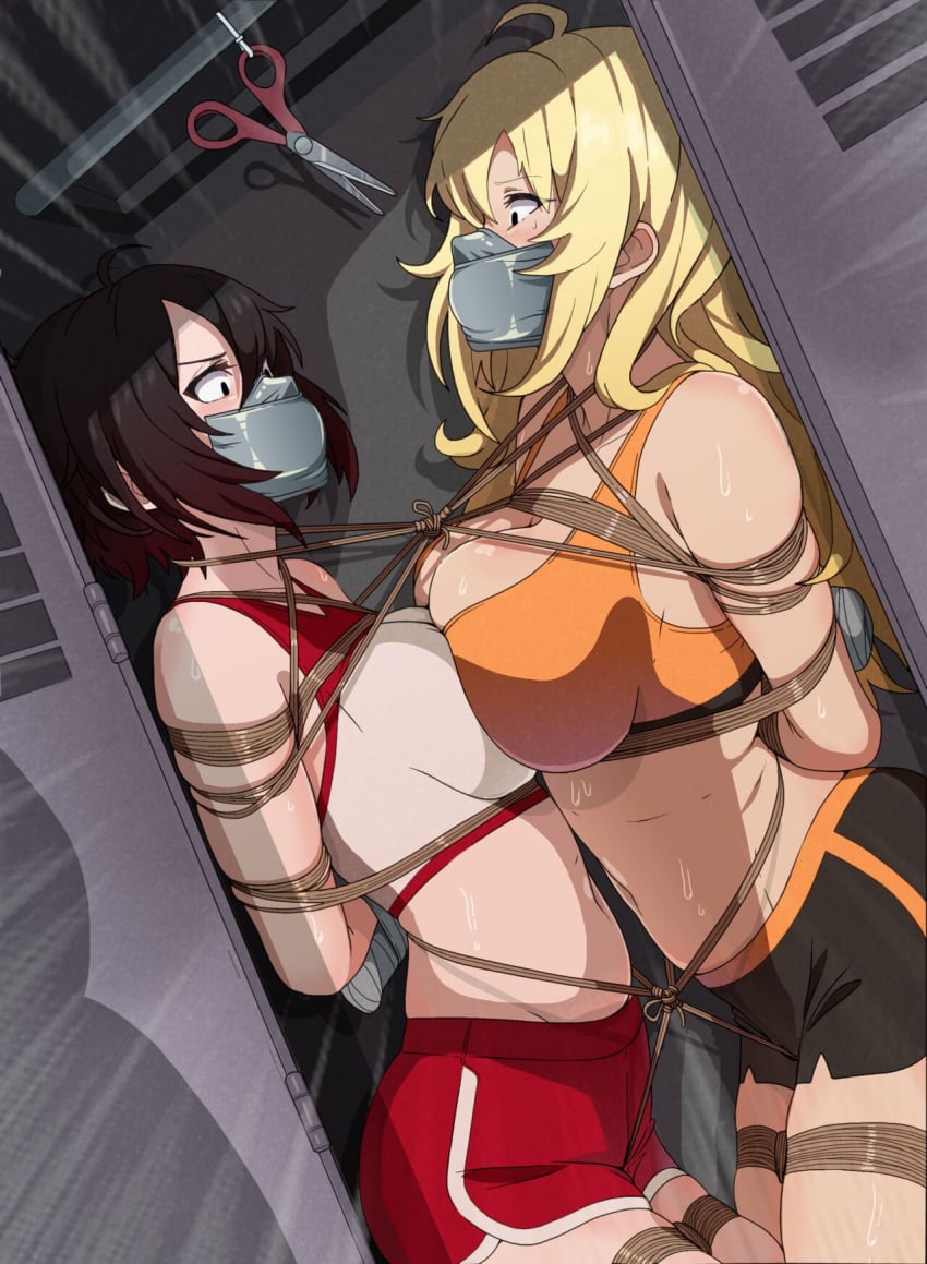 2girls arms_tied_behind_back asphyxiation big_breasts black_hair blonde_hair bondage bound_together busty from_side gag gagged in_locker large_breasts midriff navel over_the_nose_gag ruby_rose rwby scared scissors tape_gag taped_hands tiedtiki yang_xiao_long