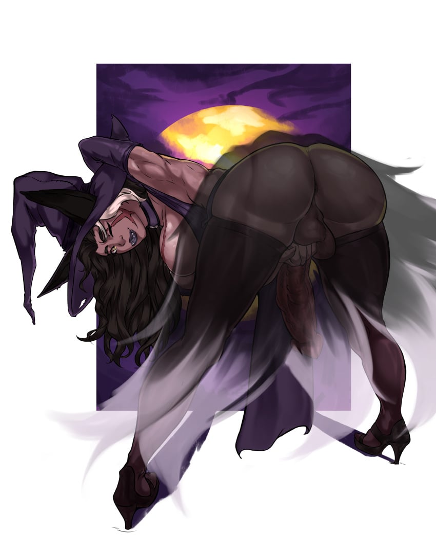 1boy absurd_res animal_humanoid anus_peek armwear ass back back_view balls bent_over big_balls big_breasts big_butt big_penis black_body black_fur black_hair black_lips black_lipstick bottomless breasts brown_body brown_eyes canid canid_humanoid canine canine_humanoid cemetery chest_scar clothed clothing collar corruption_of_champions_2 costume curled_hair dark_body digital_media_(artwork) dipstick_tail dress erection facial_scar fangs footwear fox fox_ears fox_humanoid fox_tail fur genitals gynomorph hair halloween halloween_costume hand_behind_head hat headgear headwear herm_(lore) hi_res high_heels holidays huge_cock humanoid intersex legwear lips lipstick looking_at_viewer looking_back makeup male male_only mammal mammal_humanoid markings moon mostly_clothed multi_tail multicolored_hair nails one_eye_closed penis presenting presenting_hindquarters ranelle_otomo scar shadow shoes socks solo squish standing stockings tail tail_markings teeth thick_thighs thigh_highs thigh_socks thigh_squish tombstone two_tone_hair walkinho white_body white_fur white_hair wink witch_costume witch_hat