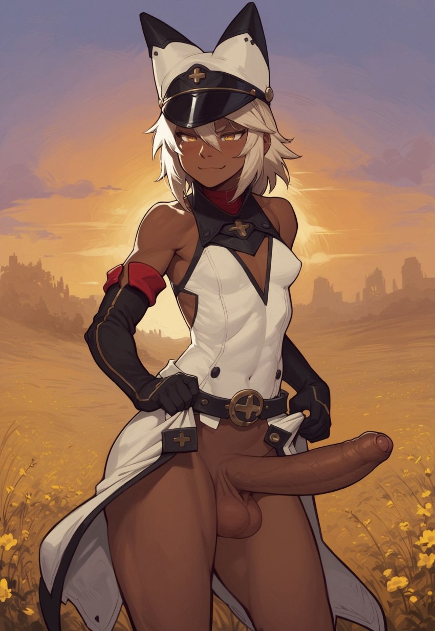 1futa ai_generated balls big_penis cap civitai dark_skin dickgirl erikochan foreskin futanari gloves golden_eyes guilty_gear outdoors ramlethal_valentine self_upload short_hair small_breasts smug solo standing sunset uncensored