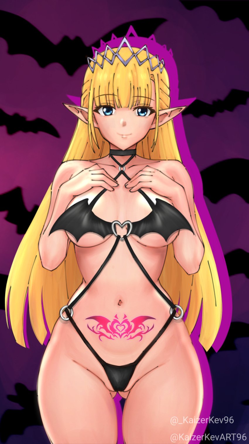 1girls big_breasts blonde_hair blue_eyes elf elf_ears elf_female halloween halloween_costume kaizerkev96 light-skinned_female light_skin looking_at_viewer medium_breasts naked pubic_tattoo solo tattoo