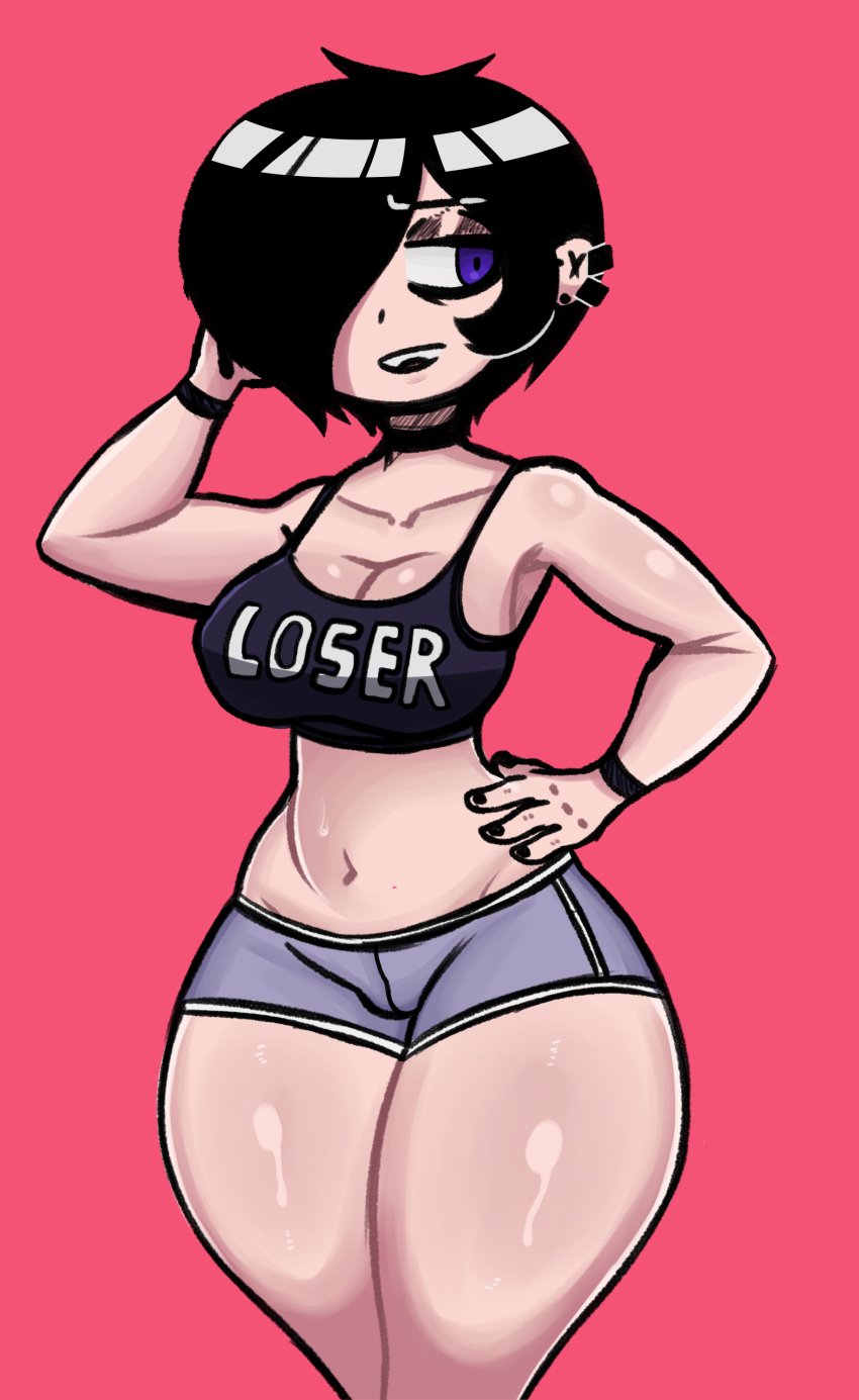 big_breasts black_hair covered_eyes emo emo_girl goth loser minishorts oc short_shorts sketch sweat sweatdrop sweating sweaty_body thick_legs thick_thighs topwear