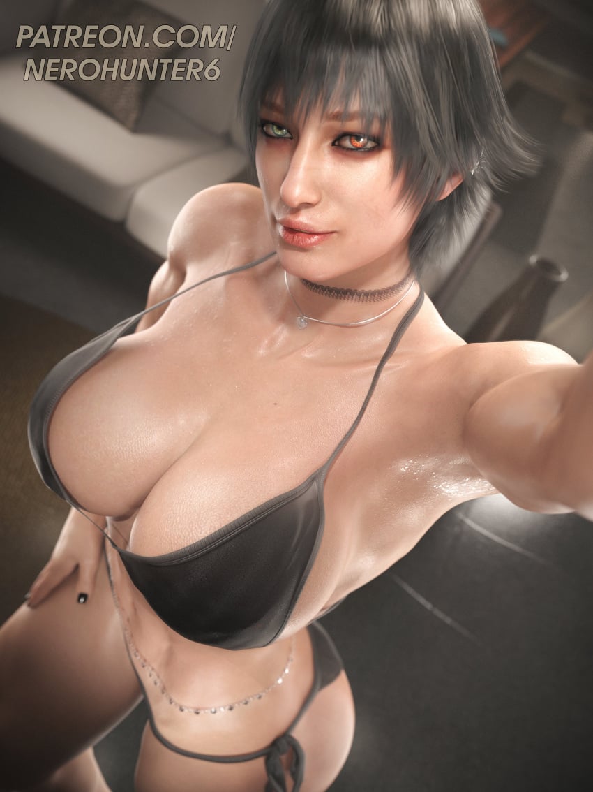 1girls 3d big_breasts bikini bikini_top breasts devil_may_cry female female_only green_eyes heterochromia lady_(devil_may_cry) light-skinned_female light_skin medium_hair nerohunter6 red_eyes