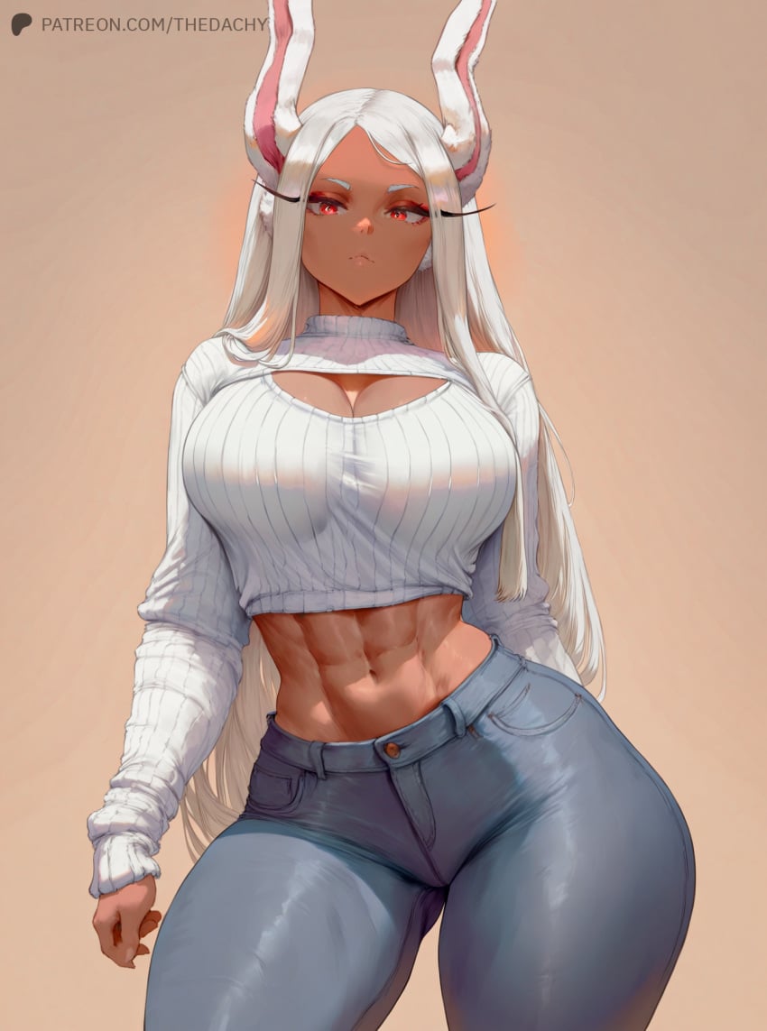 1girls abs ai_generated breasts bunny_ears bunny_girl cleavage cleavage_cutout clothed clothing cutesexyrobutts_(style) female female female_focus female_only fit fit_female high_resolution highres jeans large_ass large_breasts looking_at_viewer miruko muscular my_hero_academia red_eyes sweater tagme thedachy thin_waist white_hair wide_hips