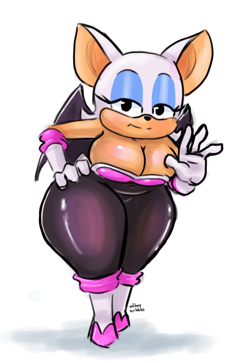 1girls anthro bat bat_wings big_breasts blue_eyeshadow breasts cleavage eyelashes female female_focus female_only furry gloves hand_on_hip hips large_breasts latex looking_at_viewer rouge_the_bat sega solitaryscribbles sonic_(series) sonic_the_hedgehog_(series) thick_thighs thighs waving waving_at_viewer white_hair wide_hips