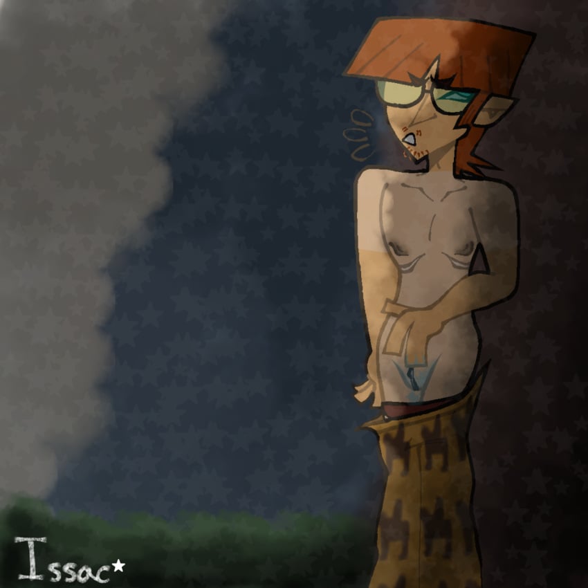 against_tree alone behind_tree biting_lip blue_eyes blush cuntboy facial_hair forest glasses green_glasses half-closed_eyes half-dressed harold_(tdi) intersex lustful_gaze masturbation orange_hair pajamas pale-skinned_male pale_skin panties_aside panting quiet risky shaved_pussy sneaky solo sunset tan_skin thighs top_surgery_scars total_drama_island wet_pussy wet_skin