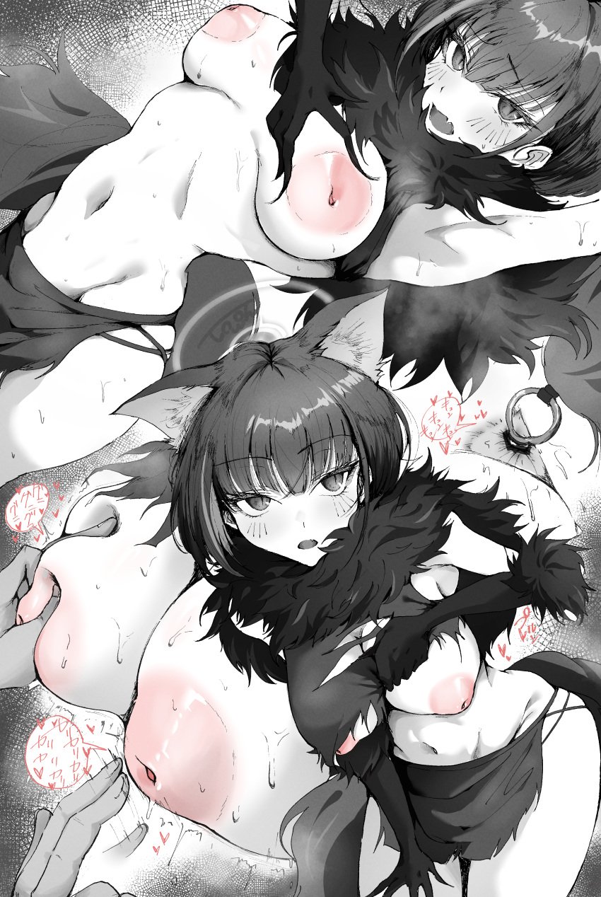 absurdres anal_tail animal_ears anus armpits arms_up blue_archive cat_ears disembodied_hand facial_mark fake_tail female groping heart highres inverted_nipples kazusa_(blue_archive) kazusa_(halloween)_(blue_archive) loincloth monochrome navel oerba_yun_fang skin_fang sound_effects tail thomson whisker_markings