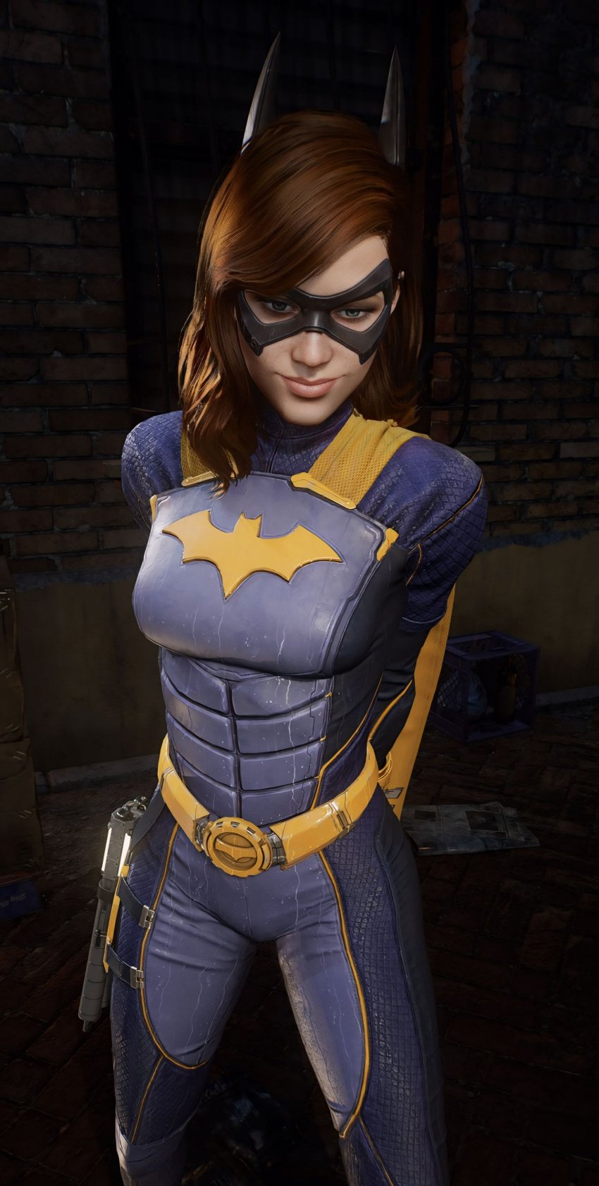 ai_assisted alley barbara_gordon batgirl batgirl_(gotham_knights) big_thighs dark_alley dc domino_mask gotham_knights hands_behind_back masked_female red_hair red_hair smile smiling superheroine tight_clothing