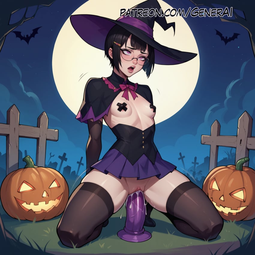 ai_generated anime_style dildo dildo_riding gener-ai graveyard halloween halloween_costume high_school_dxd patreon_username sona_sitri stockings watermark witch witch_costume witch_hat