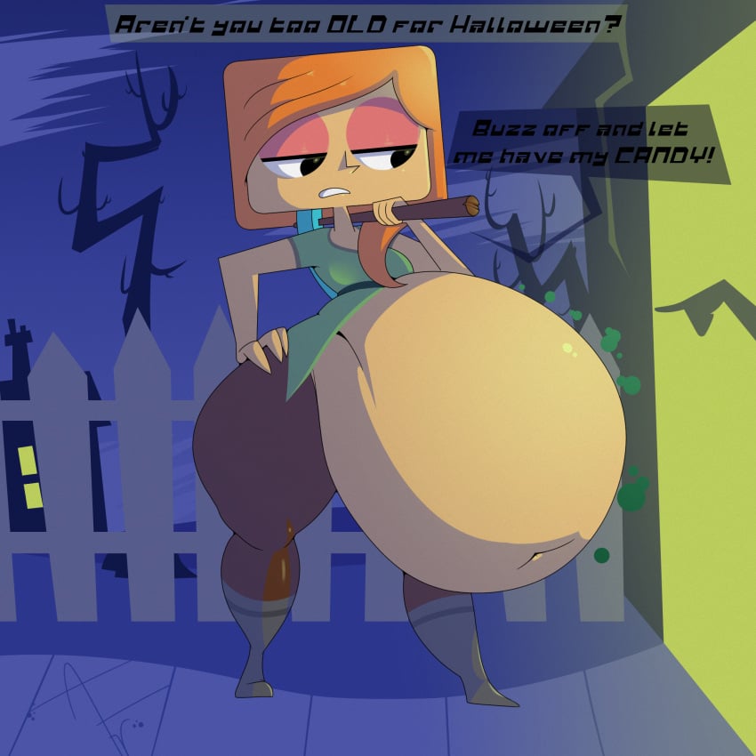 afraart alex_(minecraft) cosplay debbie_turnbull halloween massive_ass massive_thighs minecraft robotboy same_size_vore soft_vore thick_thighs trick_or_treat vore vore_belly