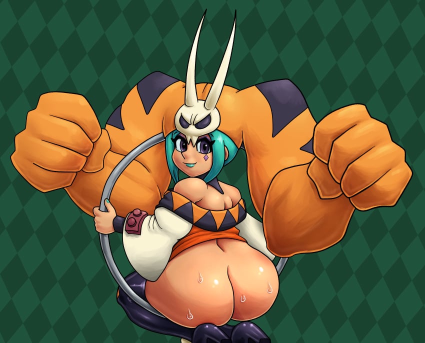 alternate_version_available ass camhamsunite cerebella dark_skin dat_ass female female_only gray_eyes panties ring skullgirls soubriquetrouge sweat sweaty tagme teal_hair