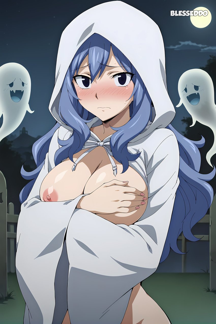 1girls ai_generated big_breasts blesseddo blue_eyes blue_hair blush breasts fairy_tail ghost halloween juvia_lockser long_hair looking_at_viewer nipple nipple_covered no_bra outdoors watermark