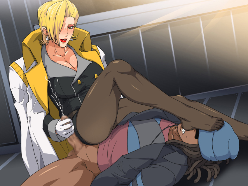 1boy blonde_hair censored charlemagne_(monsuno) feet female femdom gureko_rouman highres lipstick monsuno pantyhose