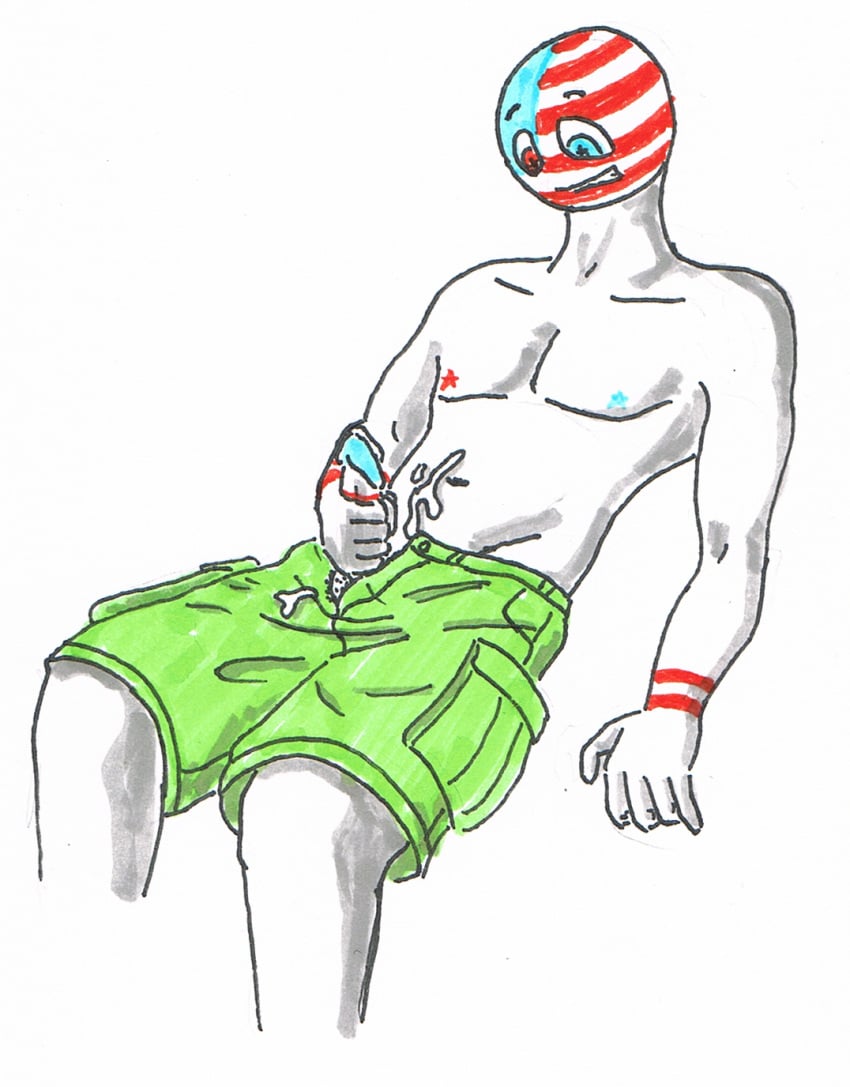 1boy cargo_shorts countryhumans cum_on_body male_only masturbating penis_out shirtless sitting solo_male united_states_of_america_(countryhumans)